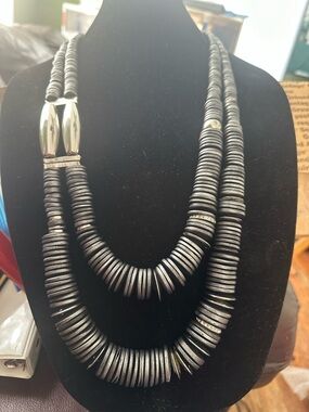 Chico's Statement Double Strand Disk Necklace in Gunmetal Silver